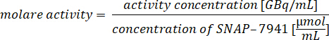 figure-protocol-1 Molar activity equation, formula for activity concentration, showing ratios of GBq/mL to μmol/mL.