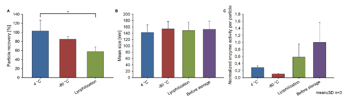 figure-results-1 Particle recovery, size, and enzyme activity bar graph. Compares lyophilization vs. storage methods.