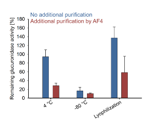 figure-results-5 Glucuronidase activity, AF4 purification, bar graph, temp impact, enzyme stability analysis.