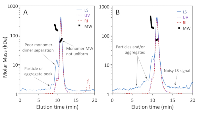 Size exclusion chromatography elution time graphs; analyze protein/aggregate sizes; LS, UV, RI data.