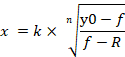 Mathematical formula: x=k(y₀−f)/(f−R)^n; equation for variable relationship modeling.