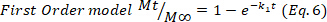 First order kinetics equation \(M_t/M_\infty = 1-e^{-k_1t}\), chemical reaction model.