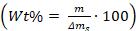 Weight percentage formula, Wt%=m/Δms×100, for material composition calculation.