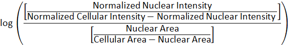 Logarithmic formula for nuclear intensity analysis in a cell, displaying intensity and area ratios.