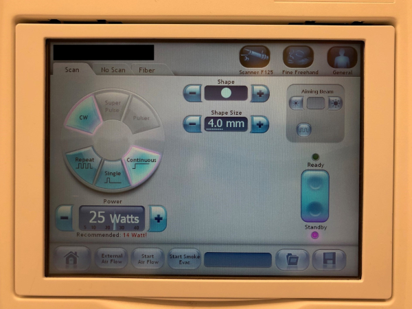 Laser control interface showing settings for power (25 Watts) and shape size (4.0 mm); touch screen.
