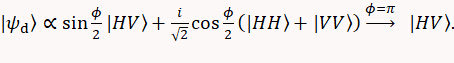Quantum entanglement formula diagram with polarization states |HV⟩, |HH⟩, |VV⟩; phase φ=π.