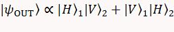 Quantum entanglement process, diagram of entangled photon states, formula: ψₒᵤₜ ∝ |H⟩|V⟩ + |V⟩|H⟩.