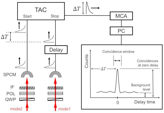 figure-results-3 Photon counting setup diagram with delay measurement, TAC, and spectral coincidence analysis.