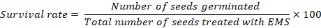Survival rate equation, seeds germinated over EMS-treated seeds formula, multiplication by 100.
