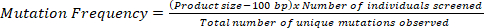 Mutation frequency formula, diagram; product size, individuals screened; genetic data analysis.