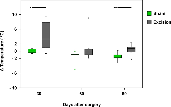 Box plot showing temperature change post-surgery, sham vs excision, statistical analysis included.