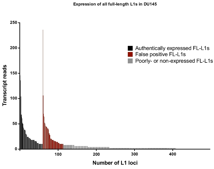 figure-results-4 Bar chart of L1 loci expression in DU145 cells; transcript reads vs. number, showing FL-L1 expression.