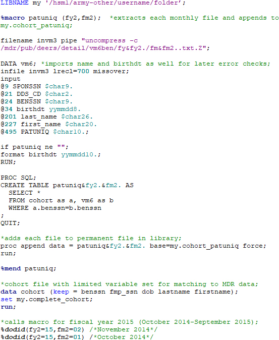 SAS macro code for data import, SQL join, and cohort file append; programming script.