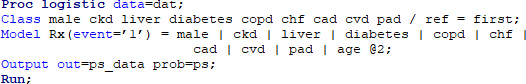 Logistic regression code with PROC LOGISTIC in SAS, variables include chronic diseases.