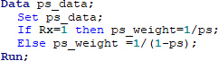 PS data weighting algorithm, showing conditional logic and assignment in statistical analysis code.