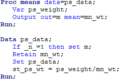 SAS data processing code for statistical analysis; includes data manipulation and mean calculation.