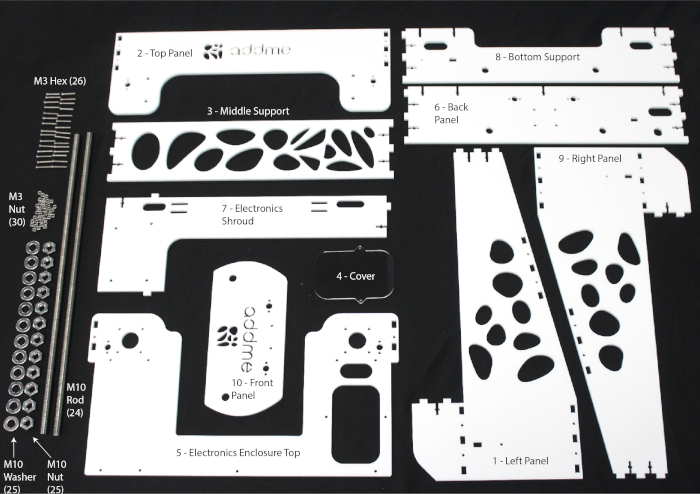 figure-protocol-2 Acrylic laser-cut enclosure parts layout with hardware; components labeled for assembly.