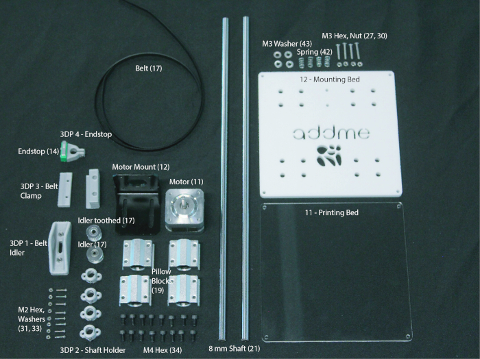 figure-protocol-4 3D printer assembly diagram; includes motor, belt, idler, mounting and printing bed, shaft.