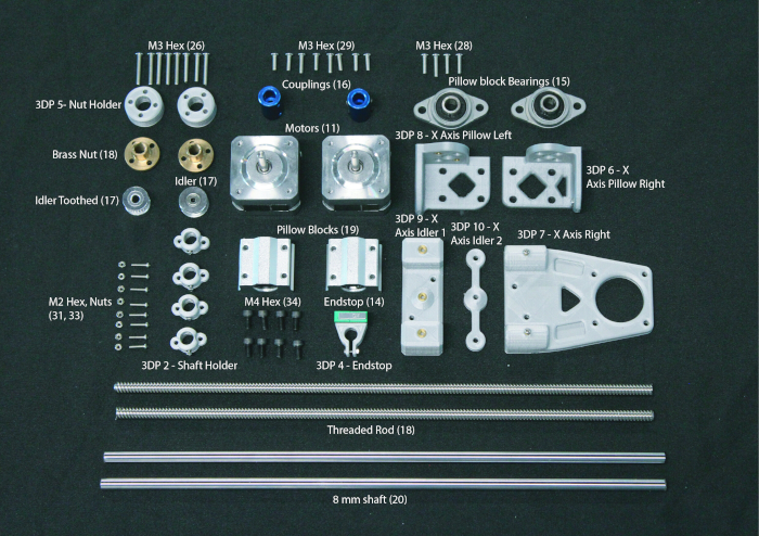 figure-protocol-6 3D printer assembly diagram; components: motors, shafts, bearings, nuts, and rods for setup.