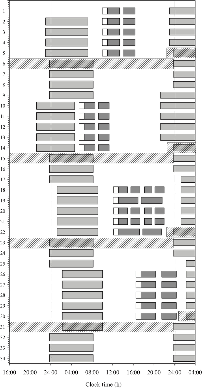 Sleep-wake cycle chart depicting sleep patterns over 24-hour period using bar graph analysis.
