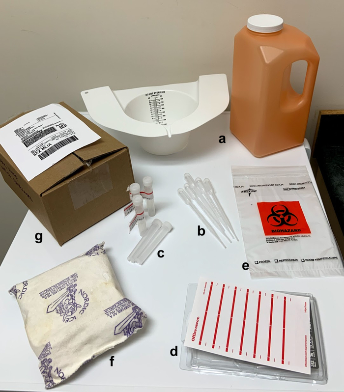 Medical testing kit with pipettes, vials, biohazard bag for sample collection and disposal.
