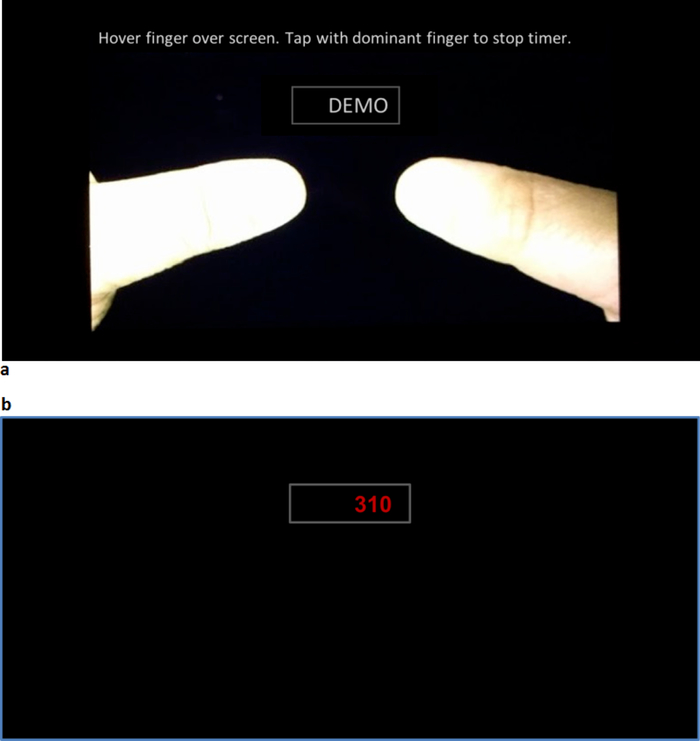 Finger tapping experiment interface; touchscreen interaction demo; reaction time measurement.