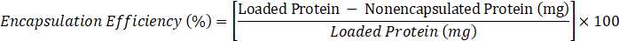 Encapsulation efficiency formula showing protein encapsulation percentage calculation equation.