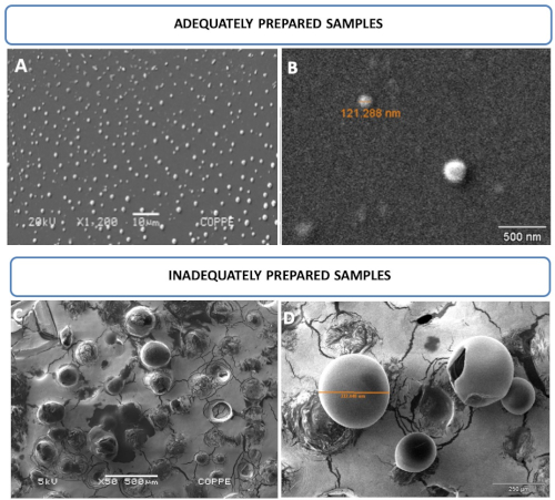 Adequate vs. inadequate SEM samples; microstructure comparison at nanoscale; particle size analysis.