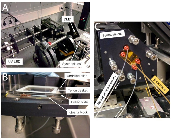 UV-LED setup for optical excitation, synthesis cell diagram, β-carotene process illustration.
