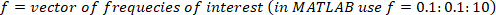 MATLAB frequency vector equation, f=0.1:0.1:10, used for data analysis and signal processing.
