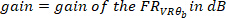 Gain formula equation for FR process in dB, relevant for signal processing analysis.