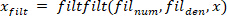 Equations for digital signal processing, using filtfilt filter method, algorithm concept.