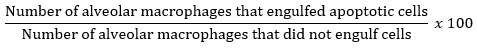 Alveolar macrophage engulfment formula, ratio expression for cell interaction analysis, equation.