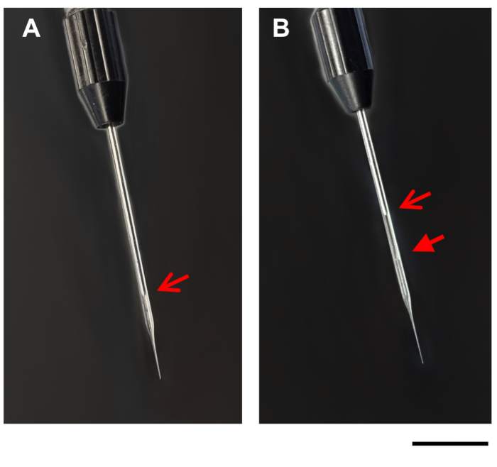 Microscopy of needle tip analysis; image A vs. B with red arrow highlighting defects.