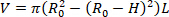 Volume calculation formula \( V = \pi(R_0^2 - (R_0 - H)^2)L \) demonstrating geometry.