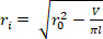 Pipe flow equation, \(r_i = \sqrt{r_0^2 - \frac{v}{\pi l}}\), mathematical formula.