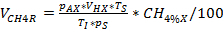 Static equilibrium equation; \(V_{CH4R} = \frac{p_{AX}V_{H}X*T_{S}}{T_{1}*p_{S}} * \frac{CH_{4\%}X}{100}\); formula.