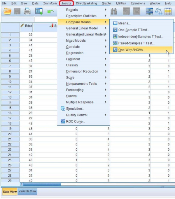 Statistical analysis software menu, selecting One-Way ANOVA; tool for data comparison study.