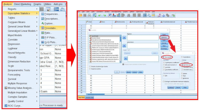 SPSS Crosstab Analysis, menu navigation, Crosstabs setup process, descriptive statistics tool.