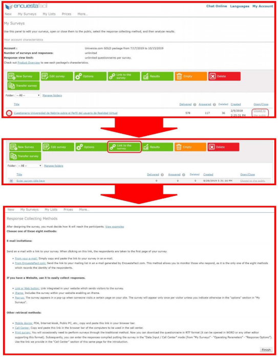 Survey creation interface; includes editing, linking options, response collecting methods explained.