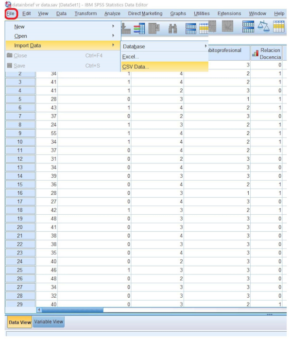 SPSS data import setup, CSV data selection menu, statistical analysis preparation.