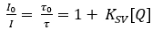 Static quenching equation, diagram for fluorescence quenching analysis, describing Stern-Volmer relationship.