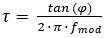 Time constant equation, τ=(tan(φ))/(2πf_mod), mathematical formula for signal analysis.