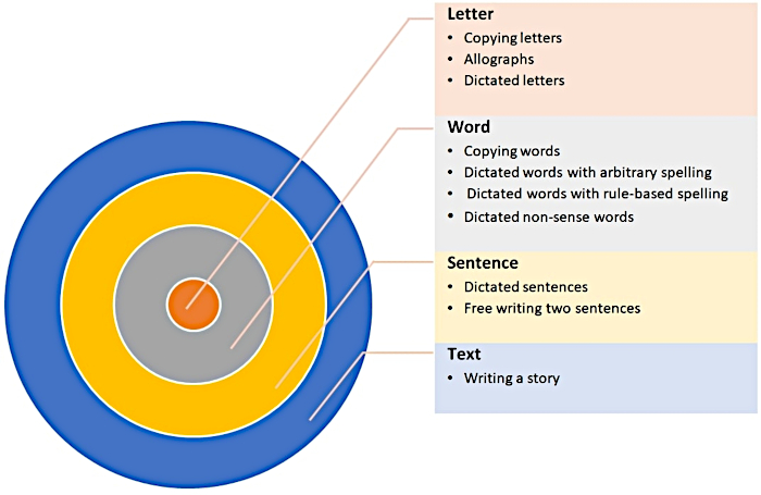 Hierarchical writing skill development diagram with stages from letter to text.