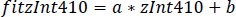 Equation of linear regression, fitzInt410 = a * zInt410 + b, used for data modeling.