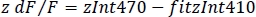 Equation for fluorescence difference, z dF/F = zInt470 - fitzInt410, used in spectroscopic analysis.