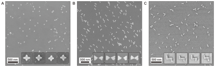 Nanoparticle shapes in electron microscopy; image A, B, C; scale 500nm; nanostructure analysis.