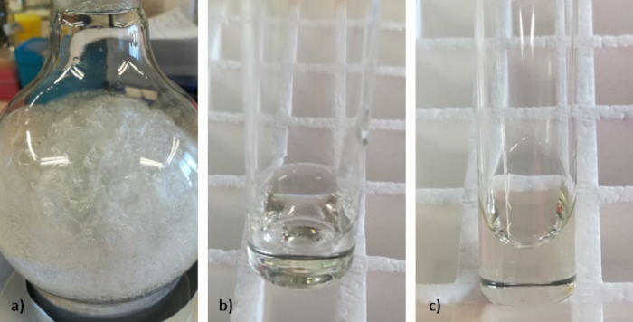 figure-results-1 Chemical purification process; involves a) distillation setup, b) solvent evaporation, c) residue analysis.