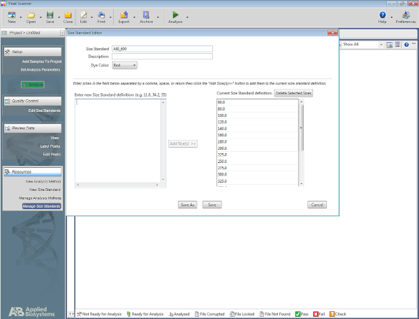 figure-protocol-5 Size standard setup screen in DNA analysis software; configure markers for electrophoresis mapping.