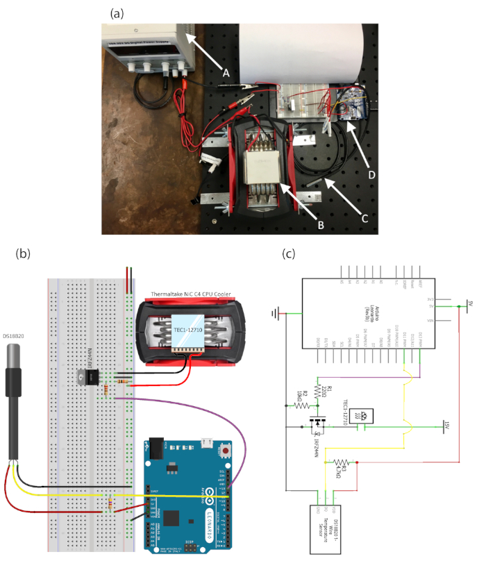 Thermoelectric cooling experimental setup; diagrams of breadboard circuit with Arduino and schematic.